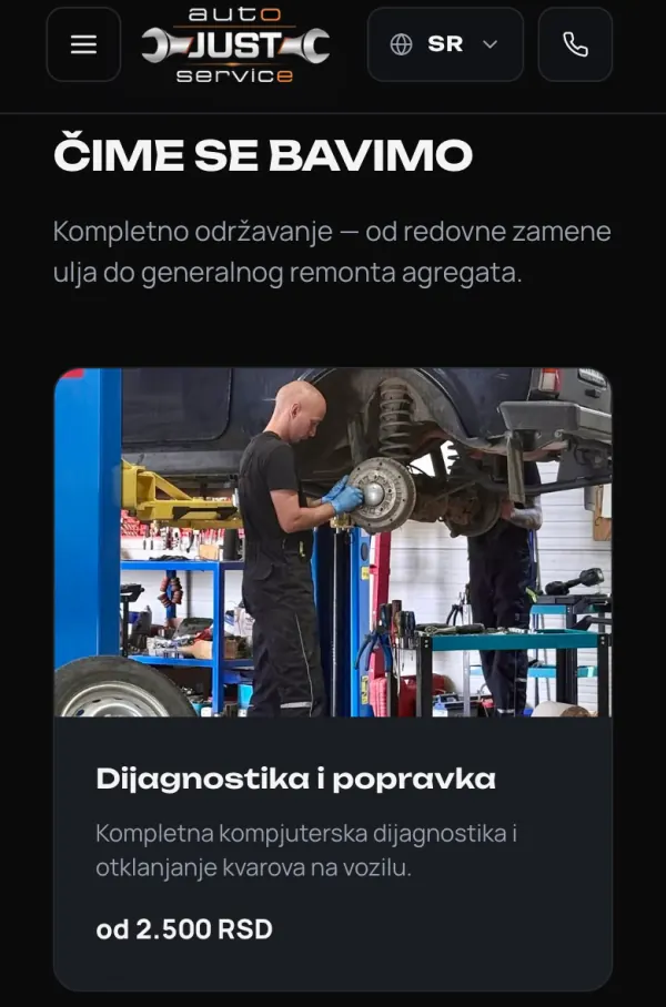 JUST SERVICE on a phone: call button in the header and the first service card with its price